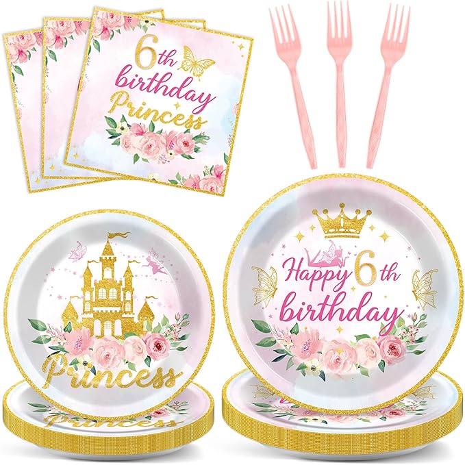 96PCS Princess 6th Birthday Party Plates and Napkins and Forks Set for Princess Party Pastel Castle Dessert Plates Disposable Decor Pink Gold Tableware Set for 6th Theme Party Favors Decorations