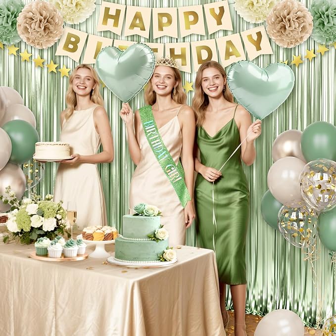 Sage Green Birthday Decorations for Women Girls, 44Pcs Nude Retro Green Party Supplies Include Birthday Girl Sash Crown Banner Fringe Curtain for Women Birthday Decorations