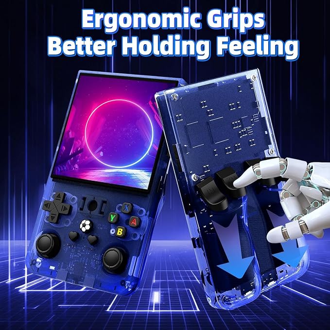 R36 Max Retro Gaming Console, Retro Handheld Console 4.0'' Screen Linux System, 64G TF Card, 4000mAh Rechargeable Portable Pocket Arcade, Transparent Blue