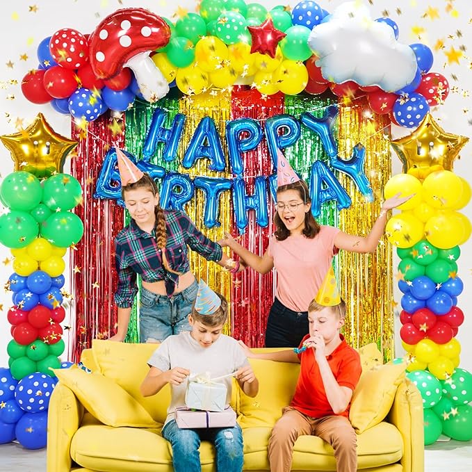 Super Bros Balloons Birthday Party Decorations Supplies Kids,Red Green Yellow Themed Backdrop Balloon Column Arch Garland Party Decor Kit for Boy Girl-226Pcs