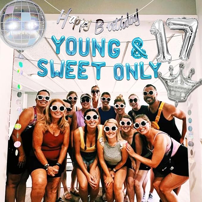 Silver Blue Young and Sweet Only 17 Birthday Decoration Young and Sweet Only 17 Banner Dancing Queen 17 Decoration Disco Balloons Rose Gold Birthday Banner Crown Queen Balloons