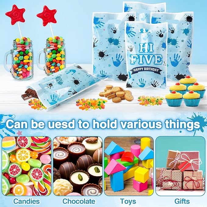 Hi Five Party Favor Bags - 50Pcs Blue High 5 Year Old Goody Candy Treat Gifts Bags 5th Birthday Painting Decorations for Boys Girls Kids Five Years Old Birthday Baby Shower Supplies