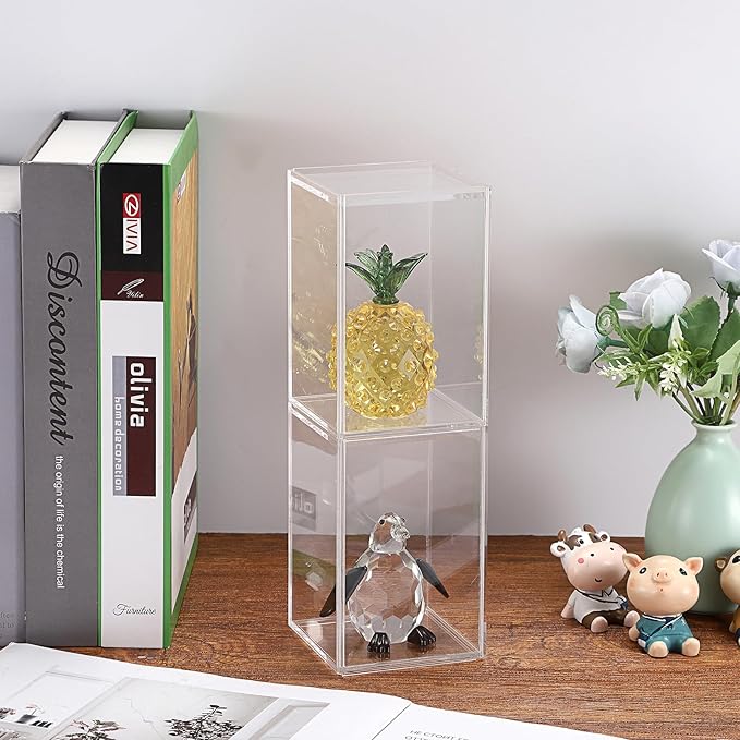 JUXYES 4 Pack Clear Display Case for Mini Action Figures, Acrylic Box with Sliding Door, Stackable Cube Small Showcase, Free Standing Collectibles Protection, 3x3x4.5 Inches