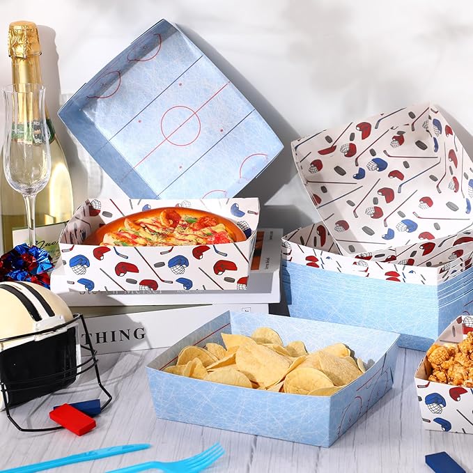 Teling 36 Pack Hockey Party Supplies Large 5 lb Hockey Plates Trays Bowls Paper Food Boats Disposable Nacho Serving Snack Trays for Sport Themed Birthday and Tailgate Party Decorations Favors