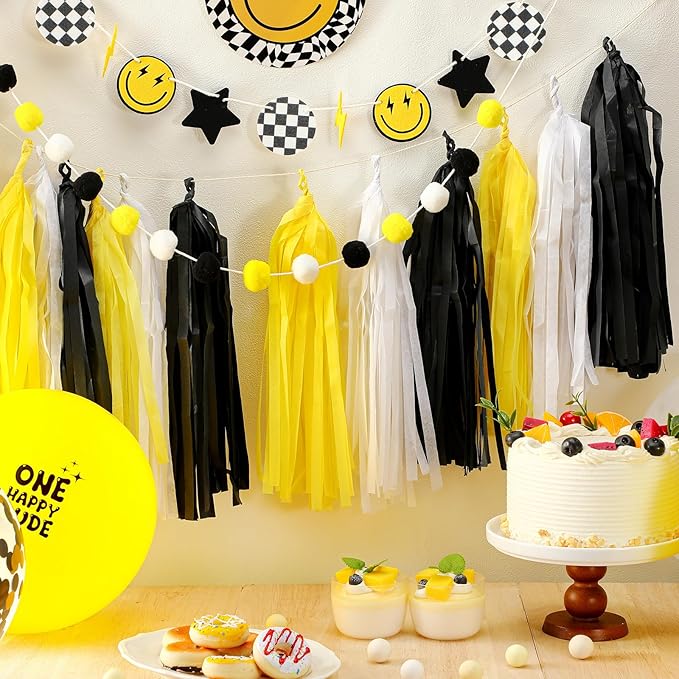 53 Pcs One Happy Dude Birthday Decorations 1st Birthday Paper Tassel Banners Lightning Smile Face Garland Decoration Two Cool High Chair Banner for One Happy Dude Party Favors Supplies