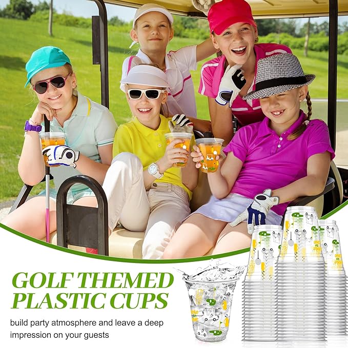 Qinyoung 100 Pcs Golf Party Supplies Bulk Clear Plastic Cups 12oz Disposable Let's Par-tee for Home Sports Golf Ball Themed Birthday Bachelor Party Supplies Favors (Yellow,Green,White)