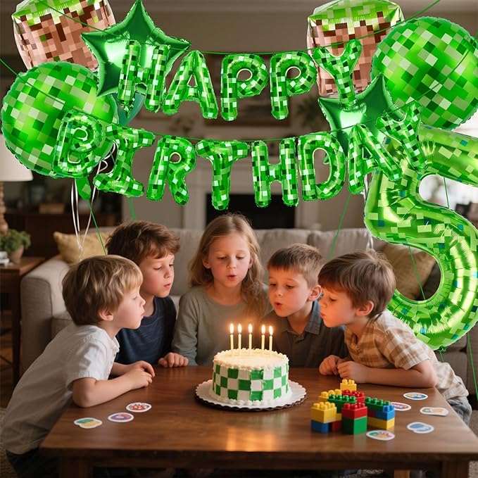 Green Pixel Themed Happy Birthday Banner Party Decorations Set Including 40 Inch Number 5 Foil Balloons, Themed Party Essentials, TNT Pixel Backdrop Supplies for Boys Indoor Outdoor Celebration