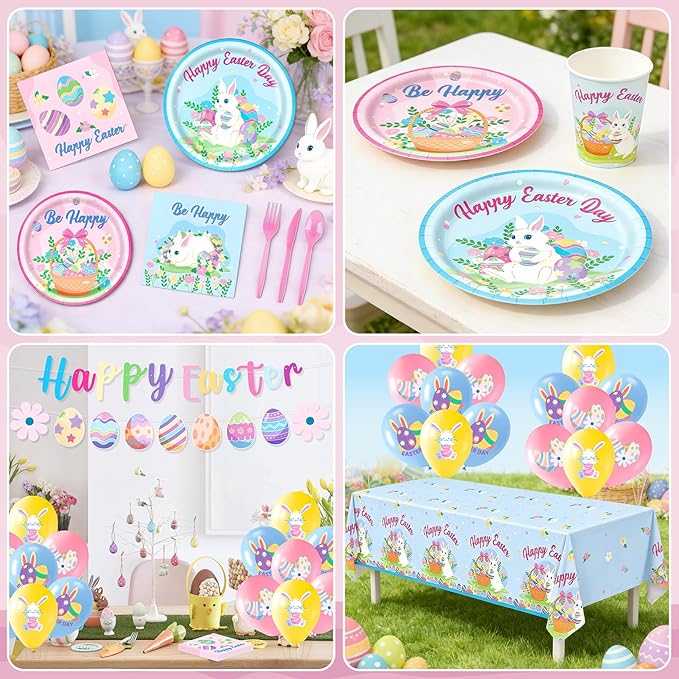 185 Pcs Easter Party Supplies Easter Party Decorations Tableware Set Serves 24, with Easter Bunny Plates Napkins Cups Forks Knives Spoon Tablecloth Banner Balloons for Spring Eater Party Decorations