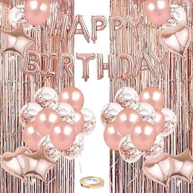 27 Pcs Rose Gold Birthday Decorations, 3D Foil Rose Gold Happy Birthday Balloon Banner, Pentagram Heart Foil Balloons Confetti Balloons Kit For Boys Girls Birthday Party Supplies