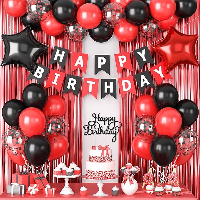 Red and Black Party Decorations, Birthday Decorations Supplies with Red Black Balloon Happy Birthday Banner Fringe Curtains Foil Balloons Cake Topper for Boys Girls Men Women Party Decor