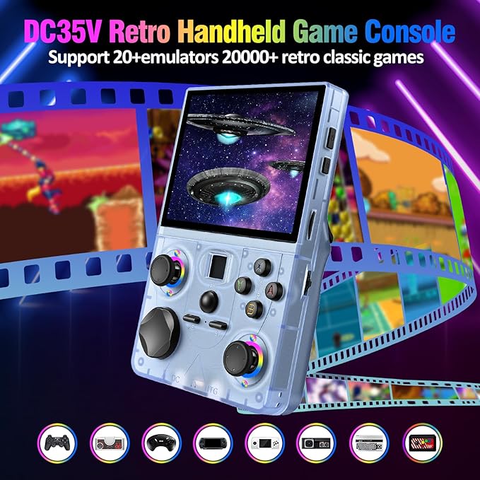Retro Handheld Game Console, DC35V Retro Gaming Console 3.5’’IPS Screen Open Source Linux System Built-in 20000+Classic Games, 20+Emulators, Portable Video Gaming Console with 4000mAh Battery (Blue)