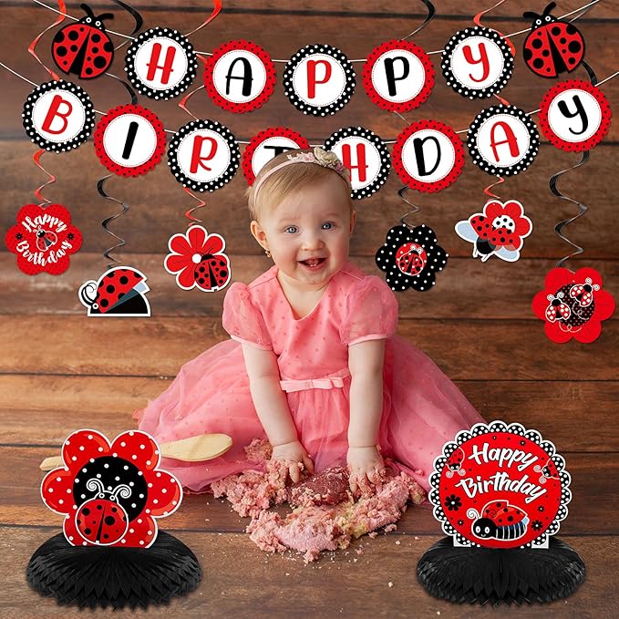 Ladybug Fancy Birthday Party Decoration Kit Cute Ladybug Birthday Banner Ladybugs Honeycomb Centerpiece Hanging Swirls Decoration for Girls Baby Shower Party Supplies