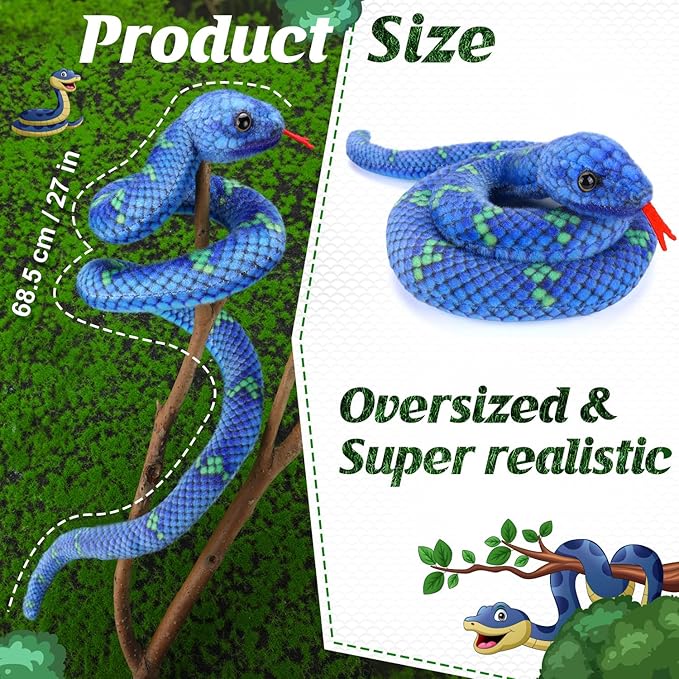 Snake Plush, Stuffed Snake Animal, 27 in Small Toy Snakes for Kids, Giant Stuffed Animals, Lifelike Plush Snake for Birthday Present Party Prank Prop (Blue)