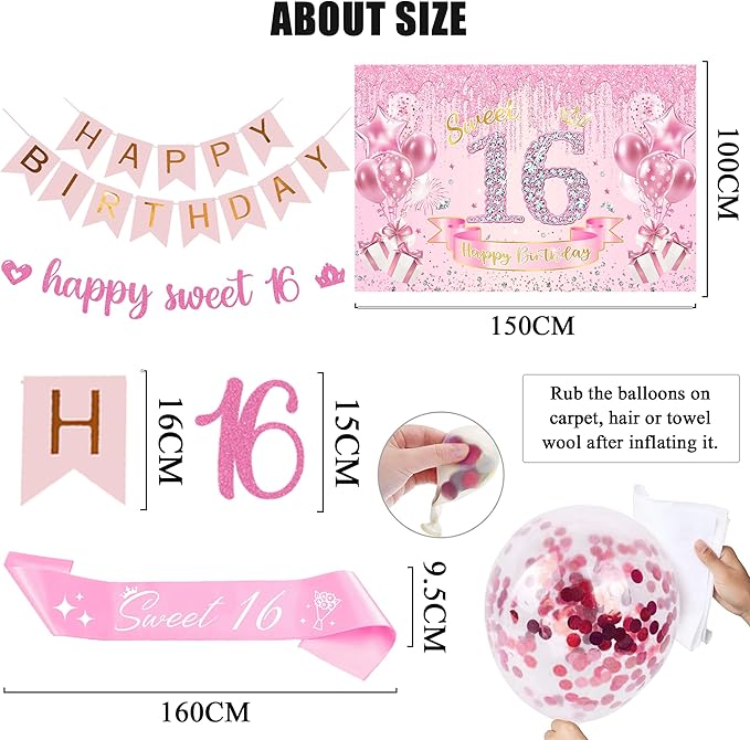 Sweet 16 Birthday Party Decorations for Girls - Pink 16th Happy Birthday Banner Heart Balloons Number 16, Photo Backdrop Crown Sash Party Supplies for Sixteen Years Old