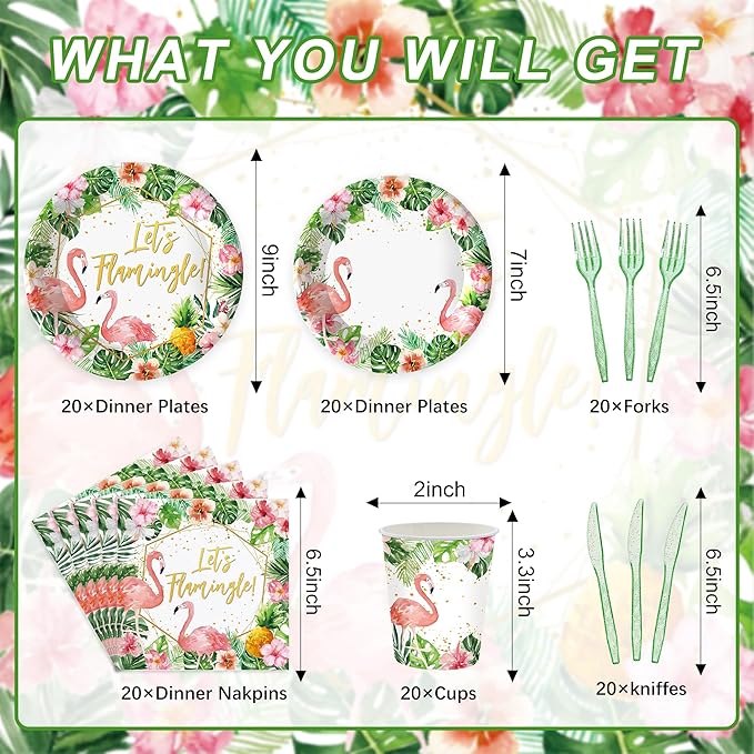 120 Pcs Flamingo Birthday Party Supplies Tropical Luau Hawaiian Party Decorations Disposable Tableware Set Plate Cup Napkin Knives Fork for 20 Guests