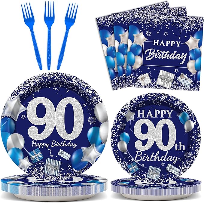 96 Pcs 90th Birthday Party Supplies Navy Blue and Silver Birthday Plates 90th Birthday Paper Tableware Happy Birthday Party Plates and Napkins Forks Blue Birthday Table Decorations for 24 Guests