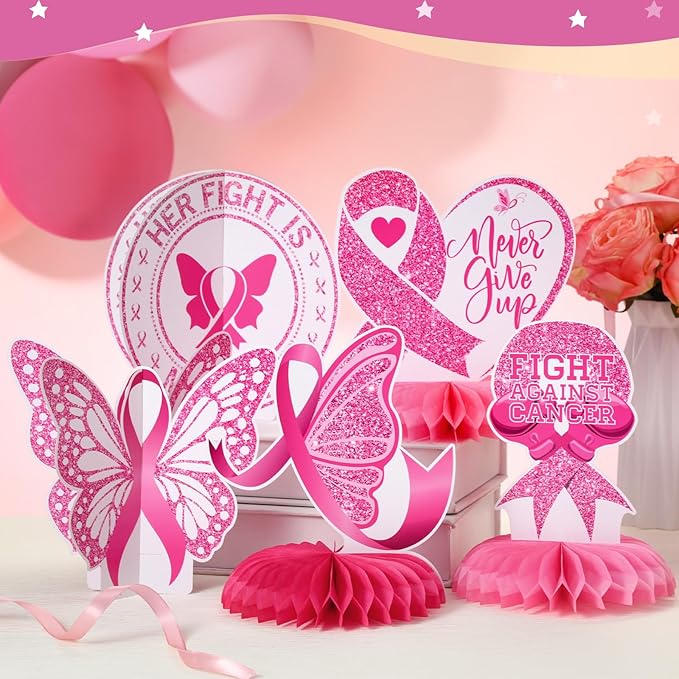 Pickmesh 12 Pieces Breast Cancer Awareness Party Decoration Honeycomb Centerpieces Breast Cancer Table Decoration Pink Ribbon Butterfly Heart Gnome Balloon Table Topper for Home Party Favors Supplies