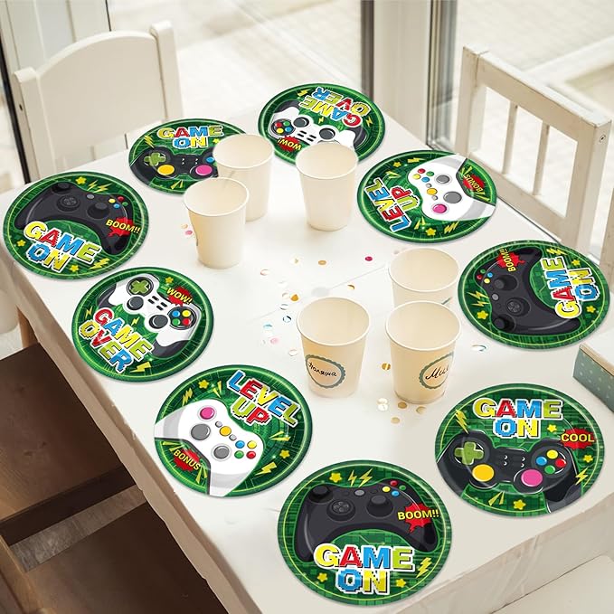 48PCS Video Game Party Paper Plates for Video Game Birthday Themed Party Supplies 7" Boys Gamer kids Disposable Plates Green Gaming Controller Dessert Level Up Plate for Baby Shower Favors Decorations