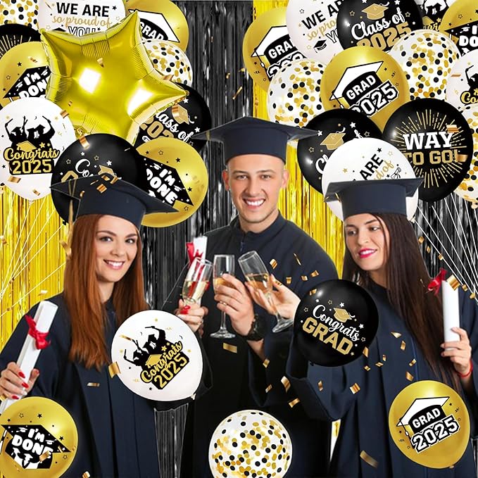 Black Gold Graduation Balloons Class of 2025 Graduation Decorations Class of 2025 Black Gold Graduation Party Decorations-12 Inch