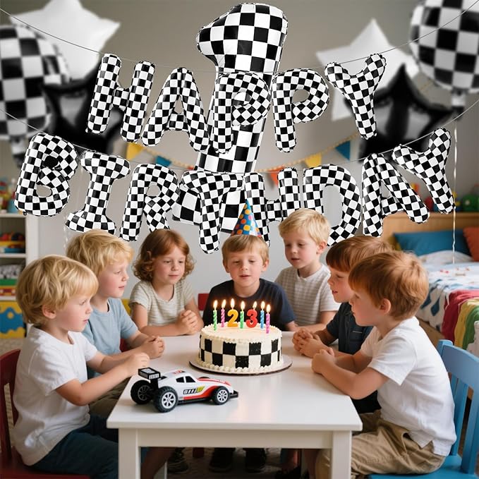 Racing Cars Themed Happy Birthday Banner Party Decorations Set Including 40 Inch Number 1 Foil Balloons, Themed Party Essentials, Checkered Backdrop Supplies for Boys Indoor Outdoor Celebration