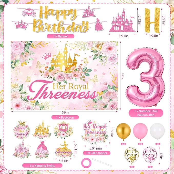 Princess 3rd Birthday Party Decorations, Her Royal Threeness Birthday Banner Pink Princess Backdrop Banner Hanging Swirls Balloons Cake Topper for 3 Years Old Girl Bday Party Supplies