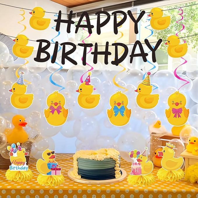 Duck Birthday Party Decorations - 18PCS Duck Party Decorations with Banner Hanging Swirls Centerpieces for Tables Duck Happy Birthday Decorations for Duck Themed Baby Shower Party Supplies