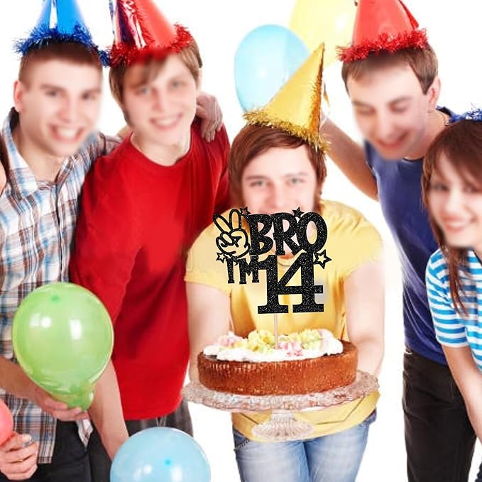 1 PCS Brother I'm 14 Cake Topper Glitter Star Happy 14th Birthday Cake Pick Bro I'm 14 Cake Decoration It's My 14th Birthday Decorations for Boys Cheers to 14 Years Old Birthday Party Supplies Black