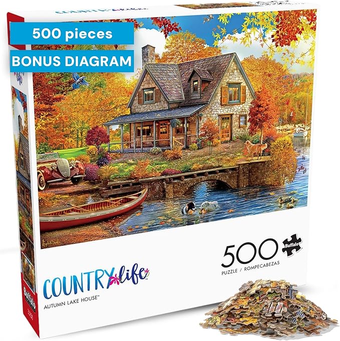Buffalo Games - 500 Piece Jigsaw Puzzle Angelo Bonito Autumn Lake House, Made in USA, Premium Recycled Board, Full-Color Poster