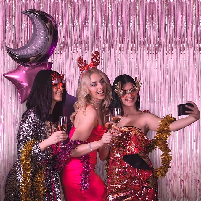 Curtain Pink Foil Backdrop, 3 PCS 3.3 x 9.9 ft, for Galentines Day Decorations, Birthday, Graduation, Engagement Party Decorations