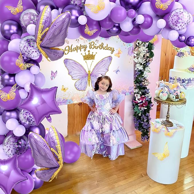 Purple Balloon Arch Kit with Foil Butterfly Balloons, Happy Birthday Backdrop & Tablecloth Decorations for Girl's Party