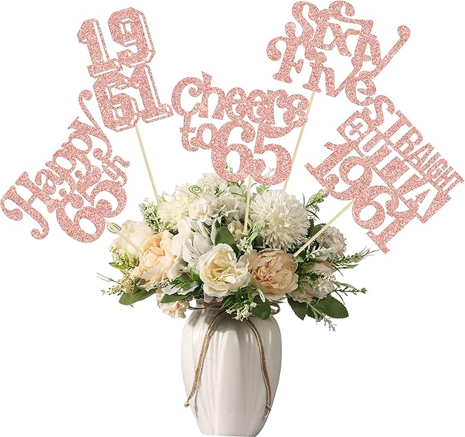 Gyufise 15Pcs Happy 65th Birthday Centerpiece Sticks Sixty Five Straight Outta 1961 Table Flower Centerpieces Sticks Cheers to 65 Decorations for 65th Birthday Party Supplies Rose Gold