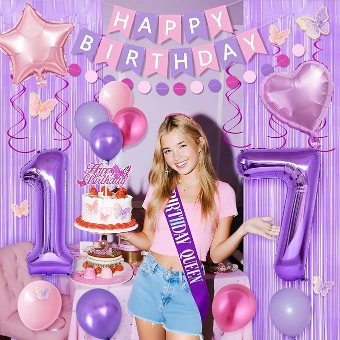 17th Purple Birthday Decorations for Girls, Pink and Purple Happy 17 Birthday Party Decorations with Happy Birthday Banner, Number Foil Balloons, Butterfly Cake Topper for 17th Party Supplies