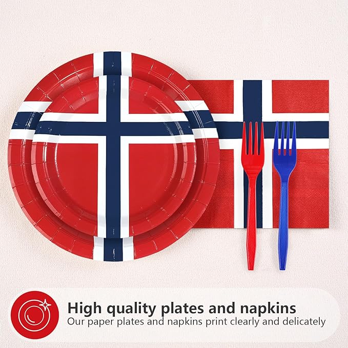 96 Pcs Norway Flag Themed Party Decorations Disposable Norwegian Flag Paper Plates and Napkins Norway National Tableware Set for Country Decoration Patriotic Festival Party Supplies, Serves 24