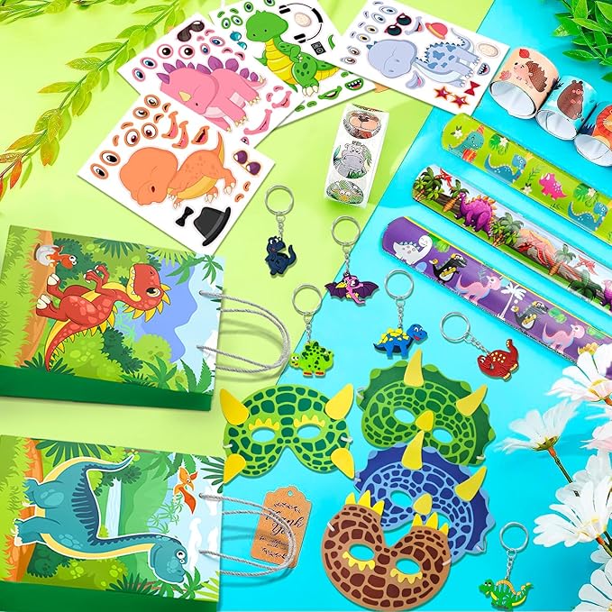 Dinosaur Birthday Party Decorations Kit, 96pcs Dinosaur Party Favor Bags Fillers Stamps Keychains Dino Stickers etc for Dinosaur Birthday Supplies