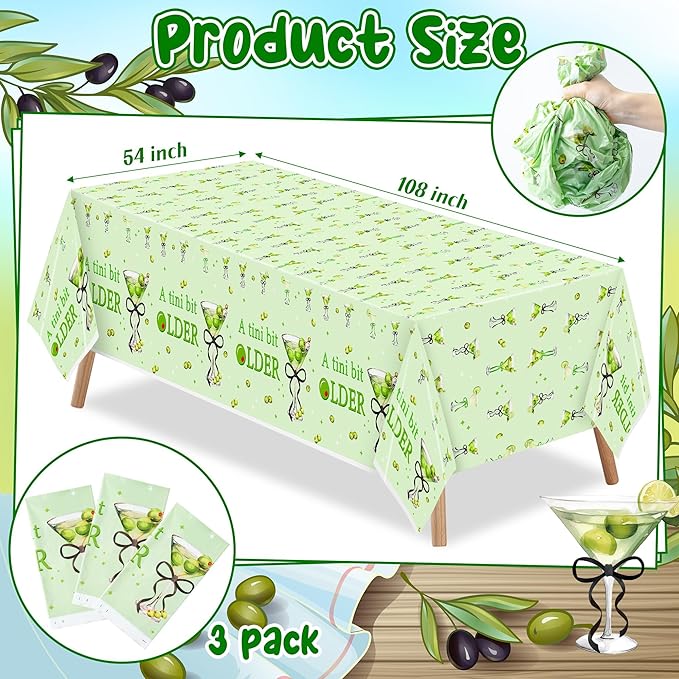 Black Green Martini Party Tablecloths - 3Pcs A Tini Bit Older Birthday Table Covers, Martini Bow Themed Party Decoration Plastic Disposable Rectangular Table Cloth Decor for Birthday Bachelorette