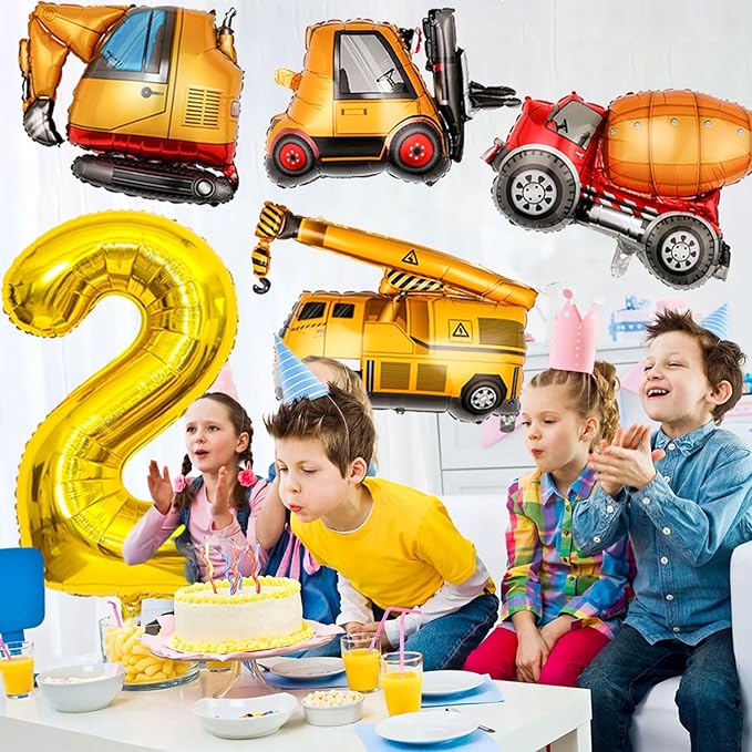 Construction Birthday Party Supplies 2 Year Old, Large Construction Balloons 40Inch Gold Number 2 Balloons Construction Truck Foil Balloons for Boys 2nd Construction Birthday Party Decorations