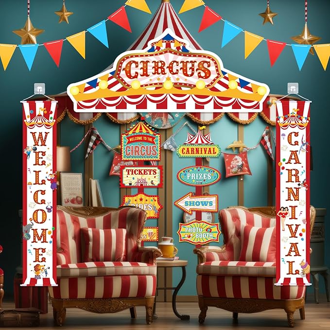 ShinyRelief 15 Pcs Circus Decorations Carnival Striped Awning Porch Banner Carnival Theme Directional Signs Welcome to the Circus for Birthday Party Supplies