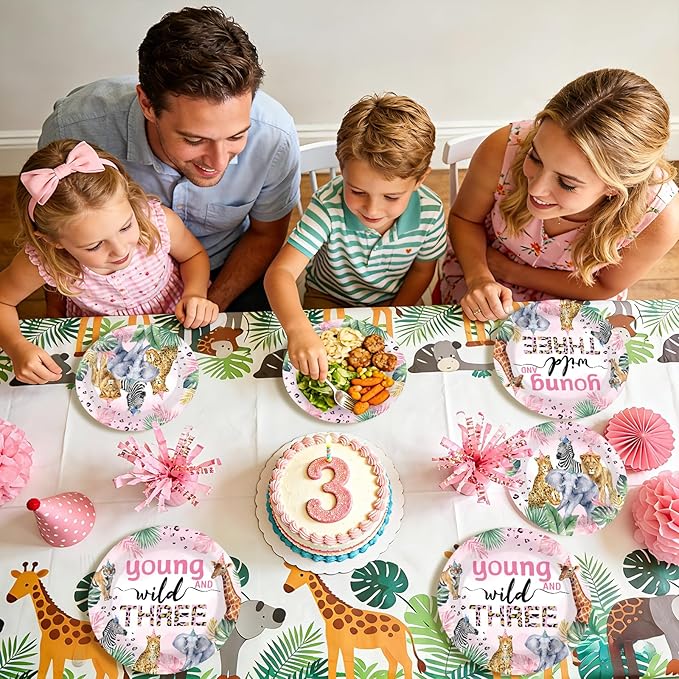 96Pcs Young Wild and Three Party Supplies Safari 3rd Birthday Plates and Napkins Safari Jungle Animal Disposable Paper Tableware Set for Girl 3 Year Old Birthday Party Supplies Serves 24