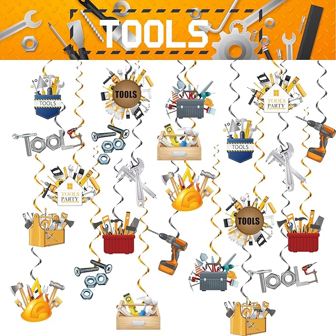 24 Pcs Tools Hanging Decorations Tools Hanging Swirls Ceiling Swirls Tools Birthday Party Supplies for Tools Party Decorations Toolbox Decorations