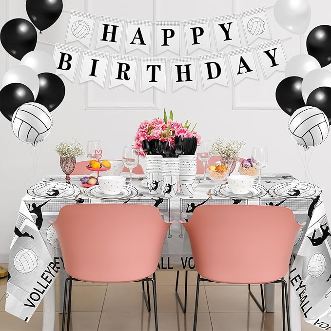 Zhehao 143 Pcs Black Volleyball Birthday Decorations Party Supplies Serves 24 Include Volleyball Themed Plate Fork Napkin Cup Banner Balloon Tablecloth for Sports Theme Birthday Party Favor