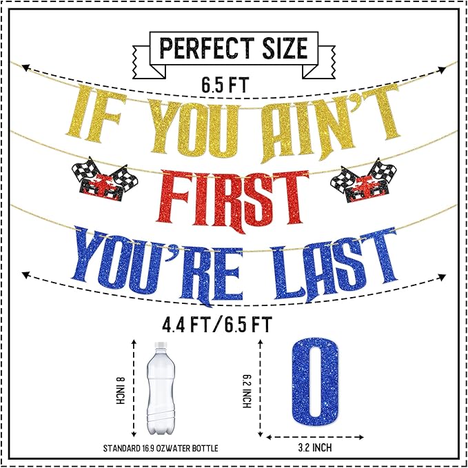 DUOMIMI If You Ain't First You're Last Banner Racing Theme Birthday Party Decorations for 1st Birthday Boy Checkered Flag Design Talladega Nights Party Supplies for Race Car Celebration Gold Red Blue Glitter