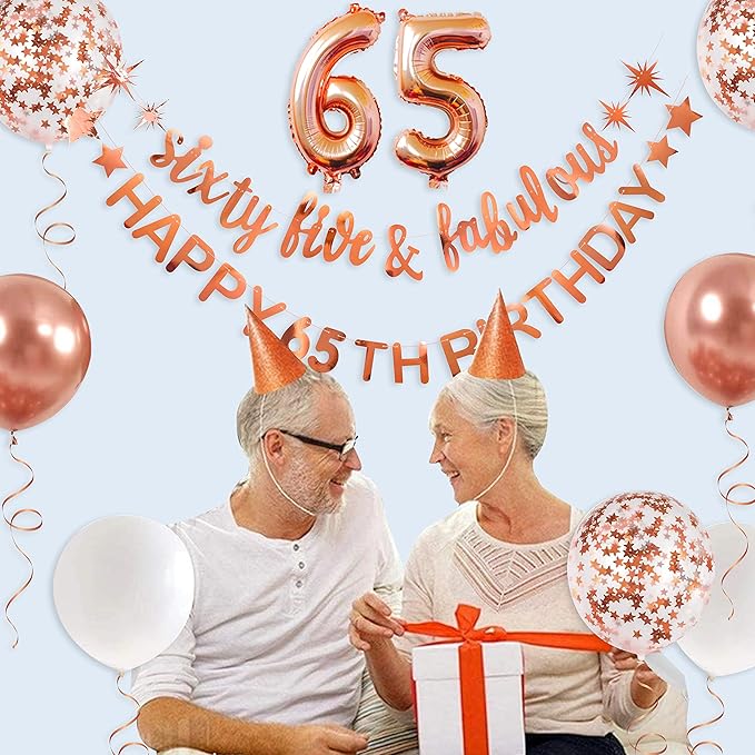 Rose Gold Sixty Five Fabulous Happy 65th Birthday Banner Garland Foil Balloon 65 for Women's 65th Decorations Hanging Cheers to 65 Years Old Party Supplies Backdrop