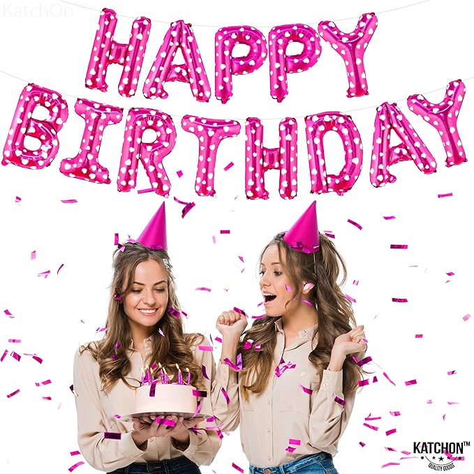 KatchOn, Pink Happy Birthday Banner Balloons - 16 Inch | Foil Polka Dot Happy Birthday Balloon Banner For Birthday Decorations | Pink Party Decoration