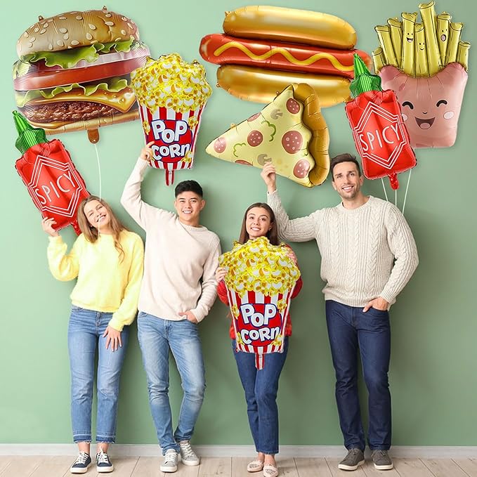 8 Pcs Food Themed Balloons Hot Dog Hamburger French Fries Popcorn Picnic Foil Balloons for BBQ Party Decorations Picnic Cookout Snacks Birthday Party Decorations Supplies