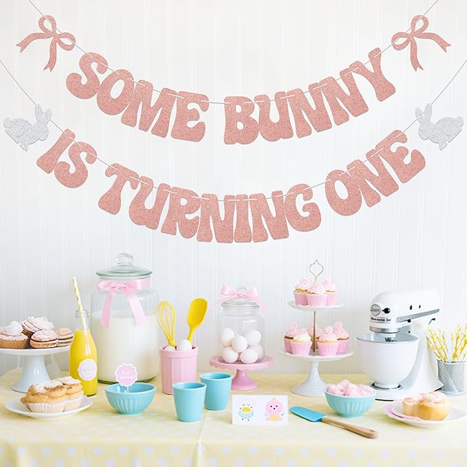 Some Bunny is Turning One Banner Some Bunny Is One Decorations Happy Easter 1st Birthday Party Decoration Supplies Rose Gold Glitter