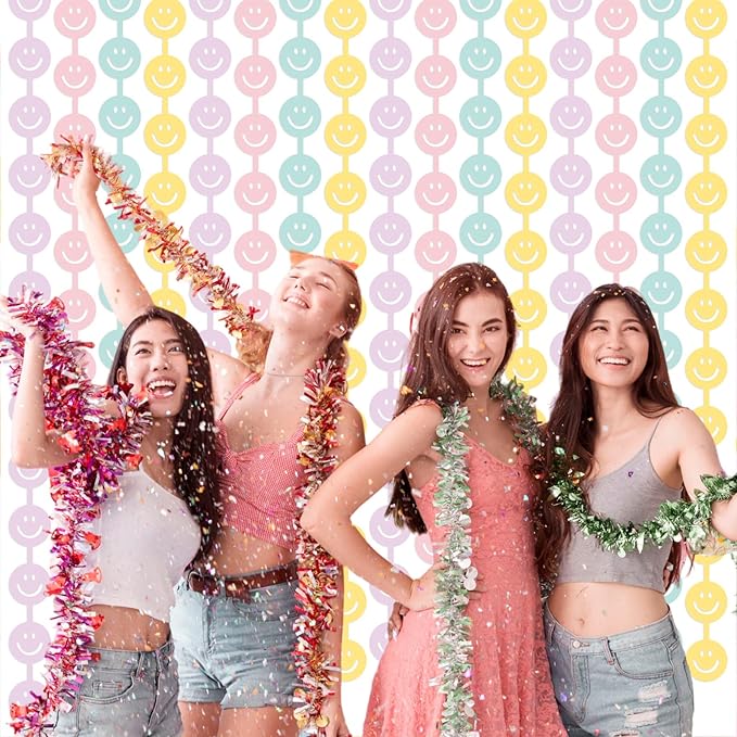 Tellingyou 2 Set Smile Face Foil Curtain Smile Party Decorations Happy Pastel Birthday Decor Macaron Color Bachelorette Backdrop Booth Prop Preppy Party Baby Shower Supplies
