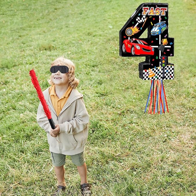 Race Car Piñata Pull String Cars Piñatas for Birthday Party Decorations Number 2 3 4 5 6 with Blindfold Stick Small Red Black Racing Theme 2nd 3rd 4th 5th 6th Party Supplies(Number 4)