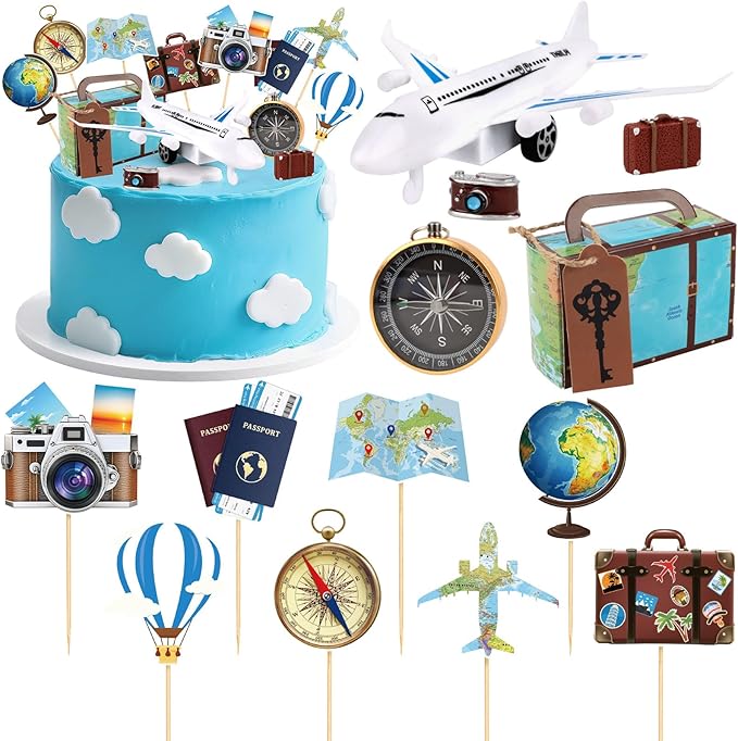 Hooqict 34 Pcs Travel Cake Topper with Mini Suitcase, Globe, Map, Airplane Cake Decorations for Travel Themed Party Decorations Let The Adventure Begin Around the World Party Supplies
