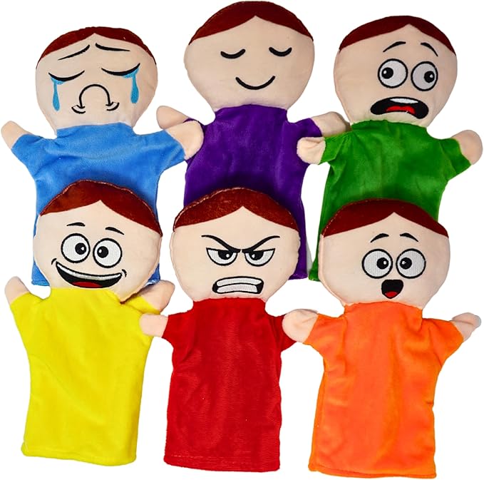 4E's Novelty Feeling Hand Puppets for Kids with 6 Emotions, with Moveable Arms, Soft Plush Hand Puppets for Toddlers, Early Education Toys, Social Emotional Learning Activities - Pack of 6
