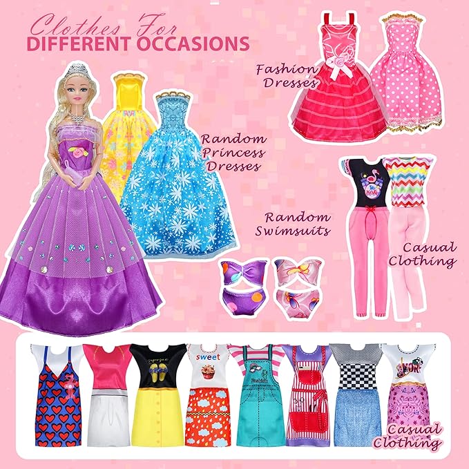 Doll Clothes and Accessories with Doll, Princess Gowns, Fashion Dresses, Jumpsuit,Slip Dresses, Hangers, Shoes, Dress up Toys for Girls Kids Toddlers Toy Birthday Gifts for Girls Age 3 4 5 6 7 8